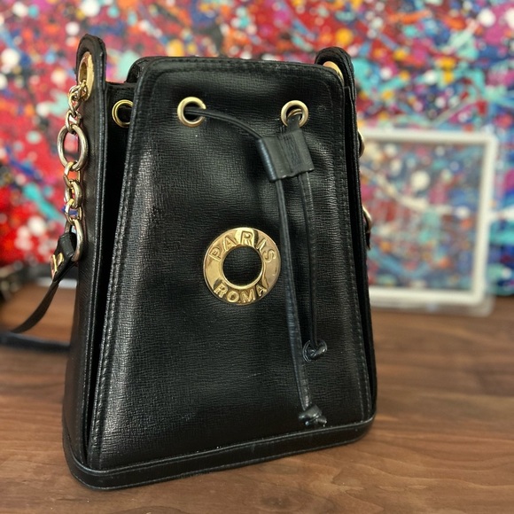 None Handbags - Small Black Crossbody Bag with Gold Accents and Drawstring Closure